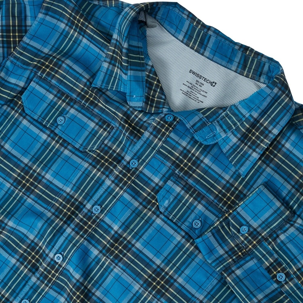 Swiss Tech Mens 3XL Plaid Button Front Shirt Roll Tab Sleeves Turquoise Blue